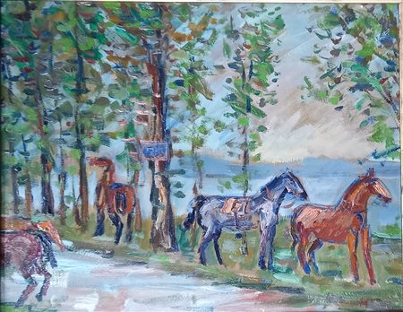 HERMANN TEUBER (1894-1985) CAVALLI - OLIO SU TELA CM.39X48 FIRMATO