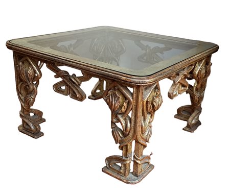 TAVOLINO DI GUSTO LIBERTY IN LEGNO INTAGLIATO E DORATO - PIANO IN VETRO...