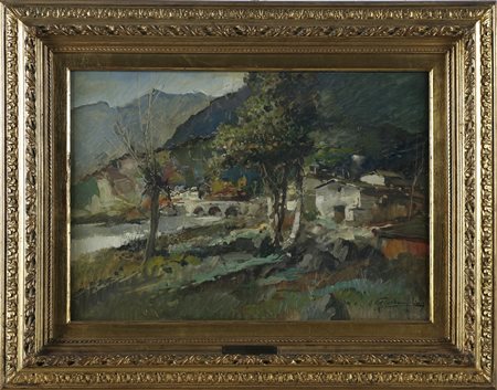 GIORDANO FELICE (1880 - 1964) Casetta con piante alte. Olio su tela . Cm...