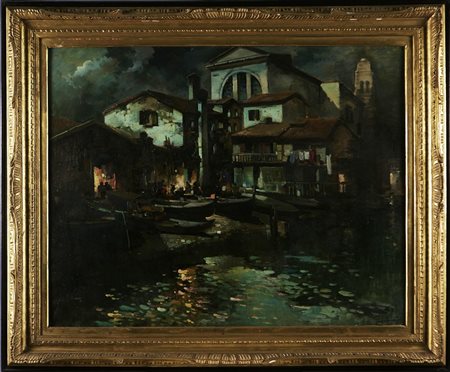 GIORDANO FELICE (1880 - 1964) Piccolo porto. Olio su tela . Cm 90,00 x 72,00....