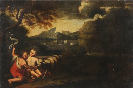 ARTISTA ITALIANO DEL XVII SECOLO Putti in un paesaggio. Olio su tela . Cm...