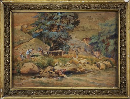 FAYOD CHARLES (1857 - 1932) Lavandaie a St.Moritz. Acquerello su cartoncino....