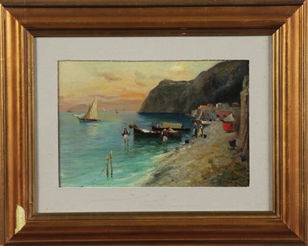 RICCIARDI OSCAR (1864 - 1935) Marina con pescatori. Olio su tavola. Cm 31,00...