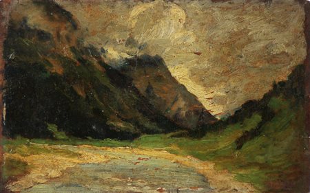 ANONIMO Paesaggio. Olio su tavola. Cm 19,00 x 12,05.