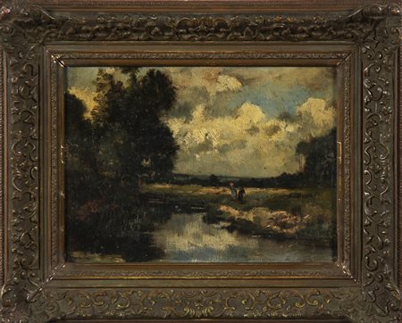 ARTISTA DEL XIX SECOLO Paesaggio. Olio su tela . Cm 40,00 x 30,00. . Cornice...