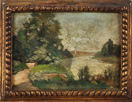 ANONIMO Paesaggio. Olio su tavola. Cm 28,50 x 20,00. . Cornice presente