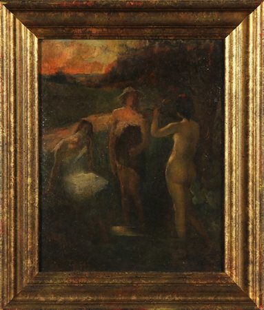 ARTISTA FRANCESE DEL XIX SECOLO Bagnanti. Olio su tela . Cm 32,50 x 40,50. ....