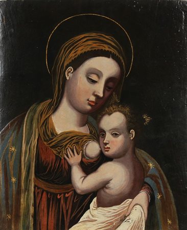 ANONIMO Madonna con bambino. Olio su tavola. Cm 44,00 x 55,00.