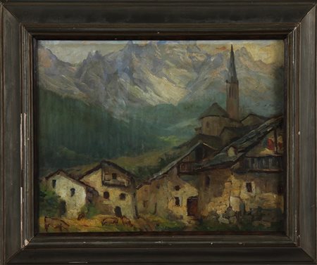 ANONIMO Paesaggio montano con armenti. Olio su tavola. Cm 40,00 x 50,00....