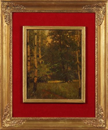 ANONIMO Paesaggio. Olio su tela incollata su tavola. Cm 23,00 x 29,00. Firma...