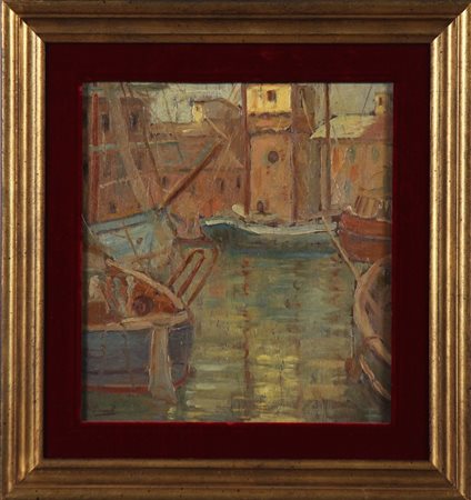 ANONIMO Porto. Olio su tavola. Cm 25,50 x 28,00. Firma illeggibile in basso a...