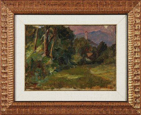 ANONIMO Paesaggio. Olio su cartone. Cm 35,00 x 25,00. Firma in basso a...