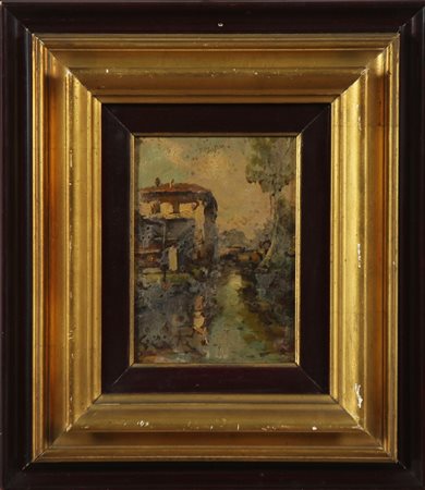 ANONIMO Paesaggio. Olio su cartone. Cm 13,00 x 18,00. Firma in basso a sinistra.