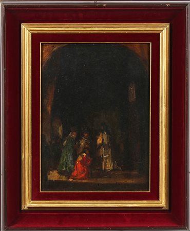 ANONIMO Adorazione con magi. Olio su cartone. Cm 32,50 x 43,50.