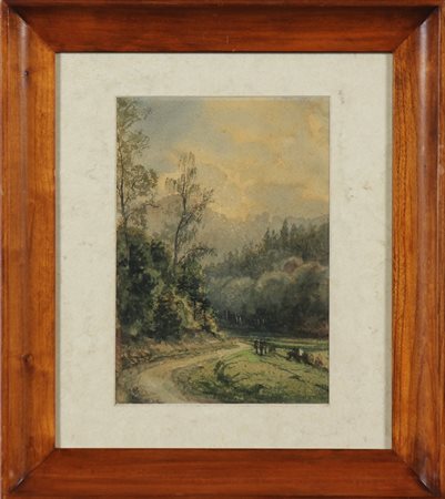 ANONIMO Paesaggio. Acquerello su cartoncino. Cm 19,00 x 26,50. Monogrammato...