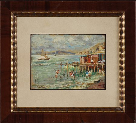 PRATELLA ATTILIO (1856 - 1949) Molo con barche a vela. Olio su tavola. Cm...