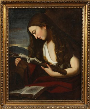 Maddalena con crocifisso. Olio su tela . Cm 60,00 x 74,00. . Cornice presente