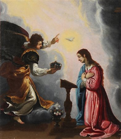 ARTISTA FIAMMINGO DEL XVIII SECOLO Annunciazione. Olio su tavola. Cm 46,00 x...