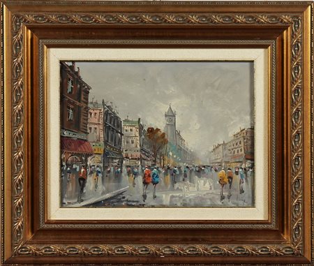 Strada di Parigi. Olio su tela . Cm 40,00 x 30,00. Firma illeggibile in basso...