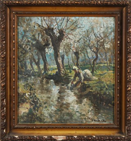 BARBIERI CONTARDO (1900 - 1966) Paesaggio con lavandaia. Olio su tavola. Cm...