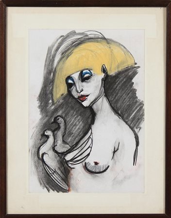 ANONIMO Donna con cappello giallo. Tecnica mista su carta. Cm 25,00 x 34,50....