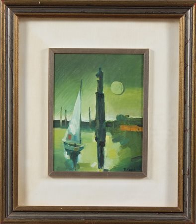 ANONIMO Barche. Olio su tela . Cm 24,00 x 18,00. Firma in basso a destra....