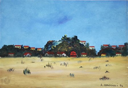OMICCIOLI ALFONSO (n. 1923) Baracche in periferia. 1984. Tempera su cartone....