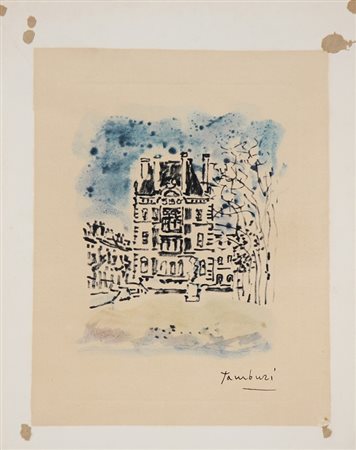 TAMBURI ORFEO (1910 - 1994) Paesaggio. Puntasecca acquerellata. Cm 22,50 x...