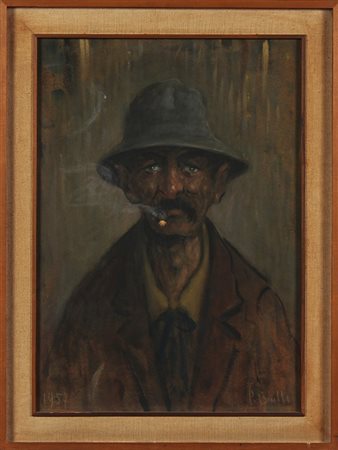 BUELLI PINO (n. 1910) Ritratto d'uomo con baffi. Olio su faesite. Cm 50,00 x...