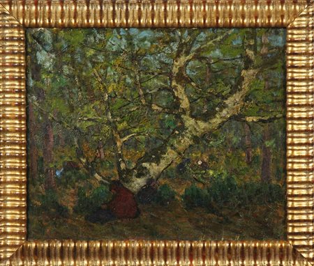 ANONIMO Paesaggio boschivo con figure. Olio su tavola. Cm 46,00 x 38,00. ....