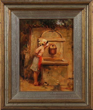 SQUASSINA GIACOMO FRANCESCO (n. 1932) Donna alla fontana. Olio su faesite. Cm...