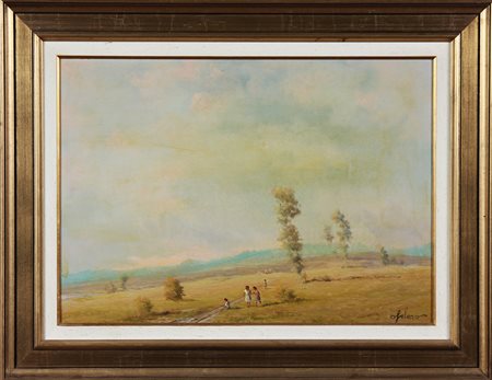 SOLARO OMERO (1909 - 2009) Personaggi in un paesaggio. Olio su faesite. Cm...