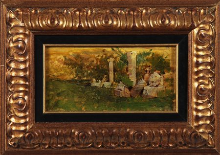 ARTISTA DEL XIX SECOLO Paesaggio con ruderi. Olio su tavola. Cm 22,00 x...