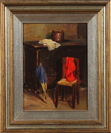 SQUASSINA GIACOMO FRANCESCO (n. 1932) Interno con ombrello. Olio su tela . Cm...
