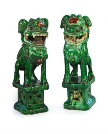 Coppia di Cani Pho in ceramica verde