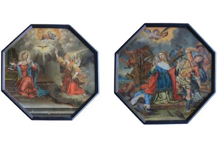 Pieter de Witte, detto Pietro Candido (Bruges 1548 - Monaco 1628), Coppia di olii su rame 
Raffiguranti A) Annunciazione B) Martirio di Santa Caterina d'Alessandria
