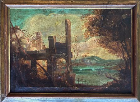 Pittore veneto della fine del XVIII - inizio del XIX secolo, Veduta di paesaggio con rovine classiche