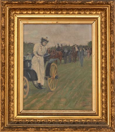 Enrico Banti (Livorno 1867 - 1899), Attribuito a, Scena di genere con dama in carrozza