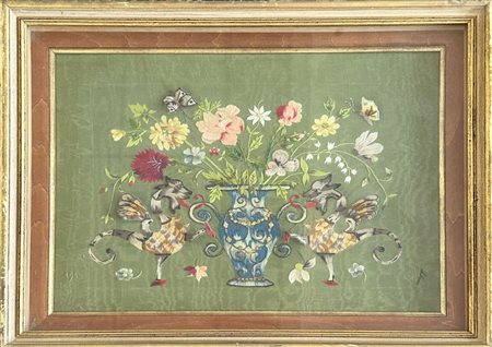 Ricamo antico con vaso e fiori