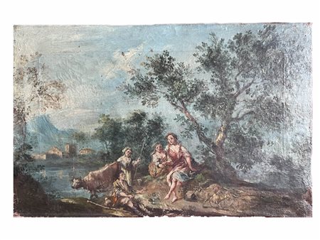 Angelo Visoni (Bergamo 1892 - Arezzo 1956), Attribuito a, Paesaggio pastorale in stile settecentesco