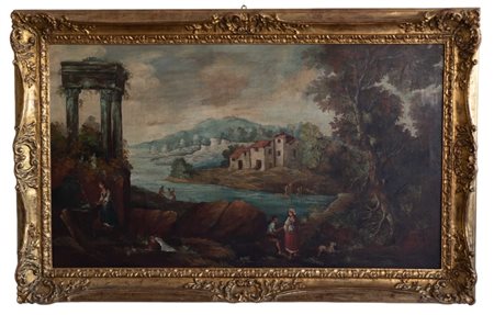 Pittore del XX secolo, Paesaggio arcadico con figure e rovine