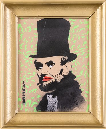BANKSY (Bristol 1974) "Abraham Lincoln". Spray su cartone. Cm 32x24. Al retro...
