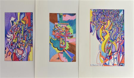 Enzo Branca COMPOSIZIONI,1980 -matite colorate su carta, cm 33x25 sul retro:...