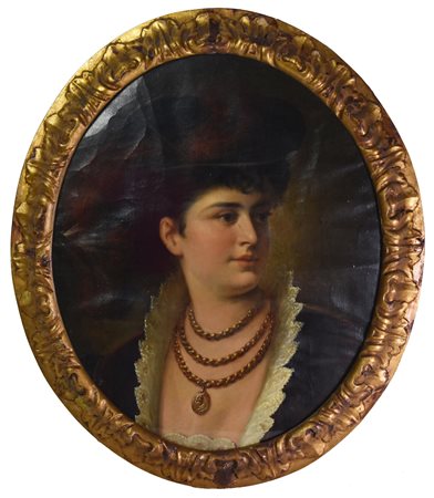 Anonimo del XIX secolo RITRATTO FEMMINILE olio su tela ovale, cm 71x61...