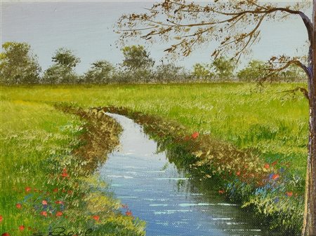 Ignoto PAESAGGIO CON FIUME olio su tela applicato su tavola, cm 15x20...