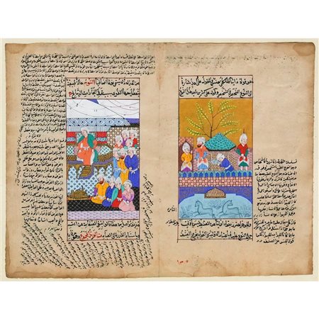 Pagina miniata manoscritto con fondo oro e policroma, masoscritto arabo del XIV/XV secolo