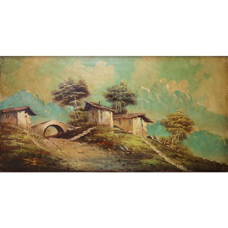 Paesaggio con casa rurale, ponte e montagne innevate, fine 19° secolo