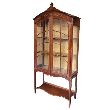 Vetrina in legno di mogano con intarsi di legno chiaro, nineteen° secolo