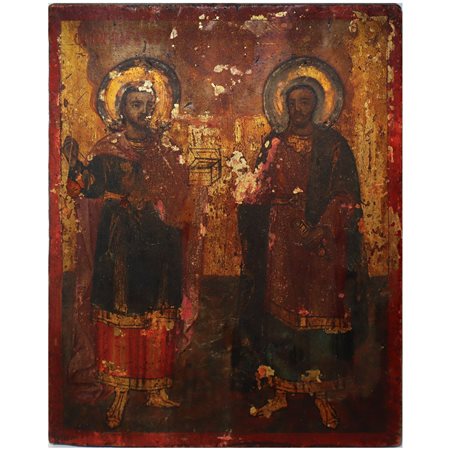 Icona Bizantina raffigurante i santi Cosma e Damiano, fine 18° secolo
