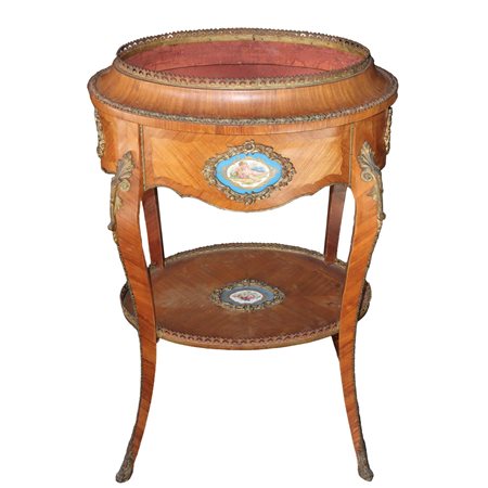 Fioriera in stile Napoleone III, in legno di rosa con porcellane e bronzi applicati, nineteen° secol